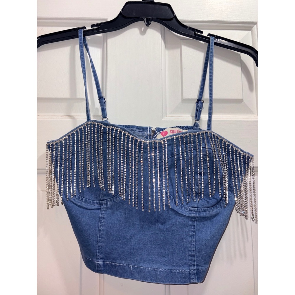Southern Chic Denim Rhinestone Fringe Corset Top Medium Wash Blue Large NWT